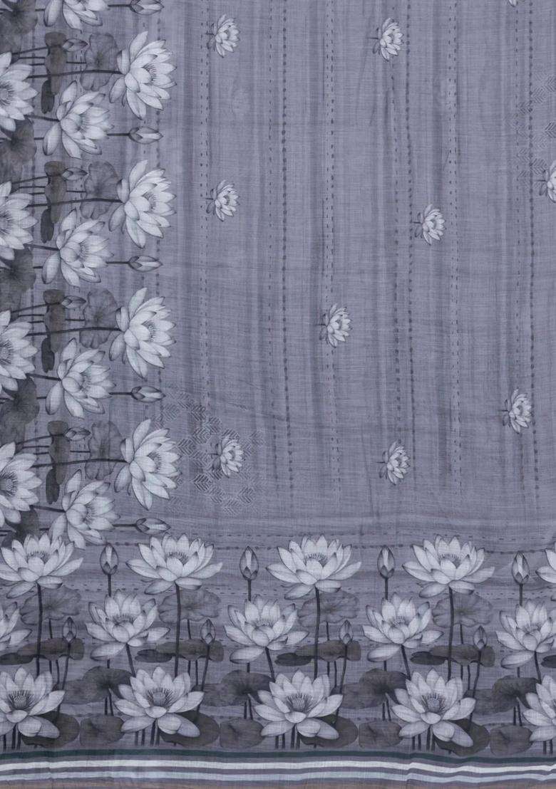 Grey Printed Synthetic Linen Saree With Floral Motifs For Women - Indya