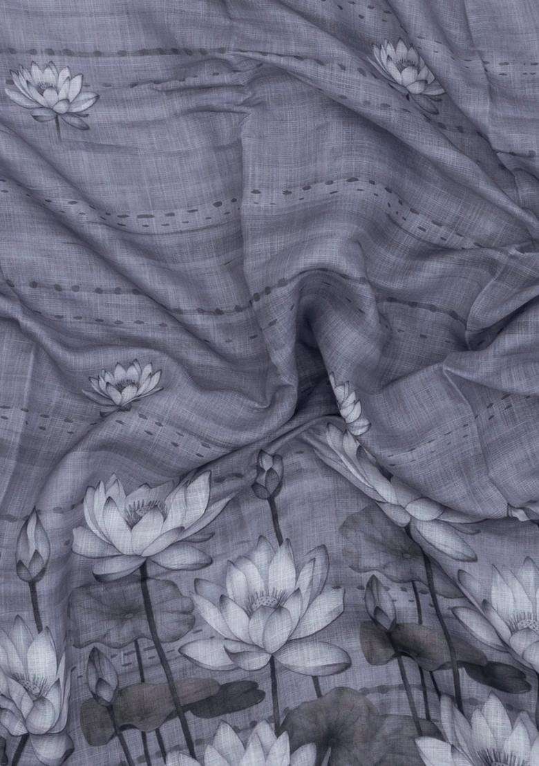 Grey Printed Synthetic Linen Saree With Floral Motifs For Women - Indya