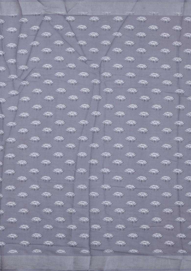 Grey Printed Synthetic Linen Saree With Floral Motifs For Women - Indya
