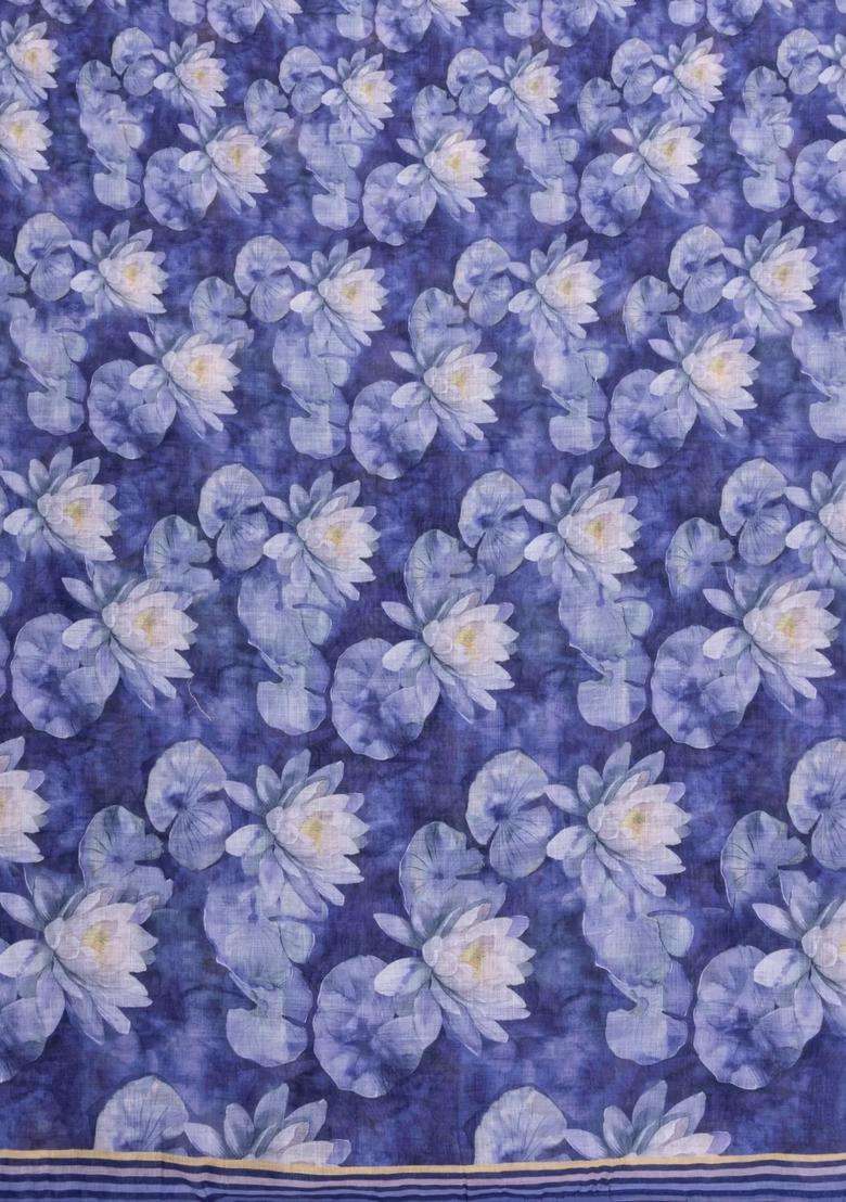 Violet Printed Synthetic Linen Saree With Floral Motifs For Women - Indya