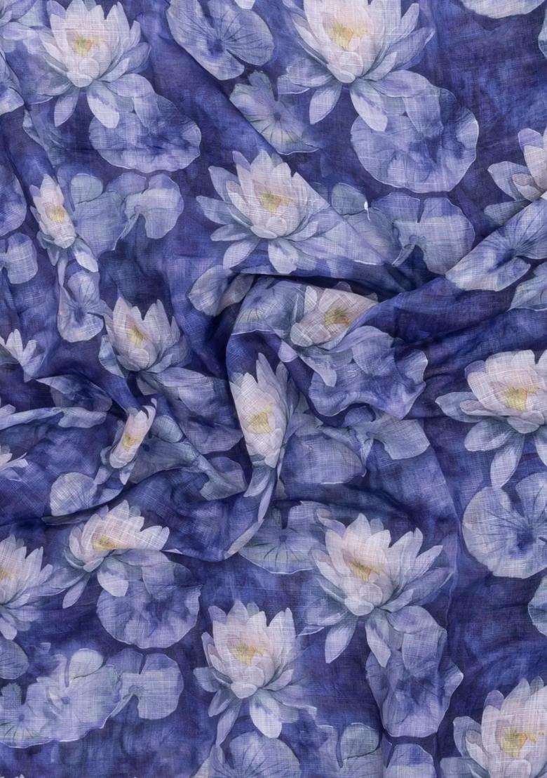 Violet Printed Synthetic Linen Saree With Floral Motifs For Women - Indya
