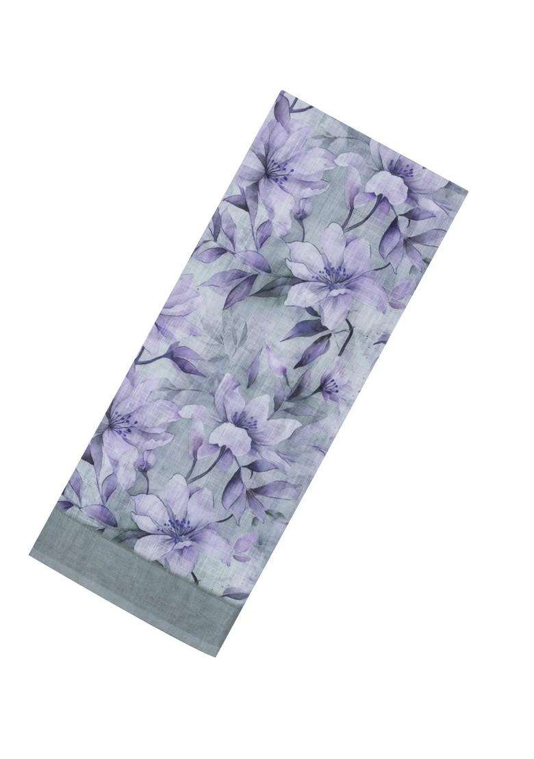 Grey Printed Synthetic Linen Saree With Floral Motifs For Women - Indya
