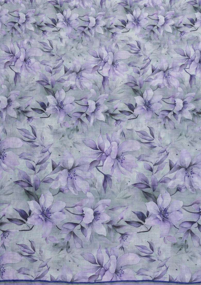 Grey Printed Synthetic Linen Saree With Floral Motifs For Women - Indya