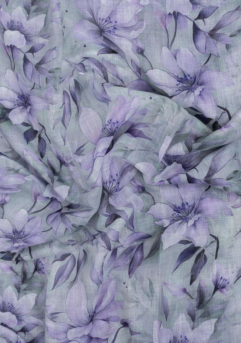 Grey Printed Synthetic Linen Saree With Floral Motifs For Women - Indya