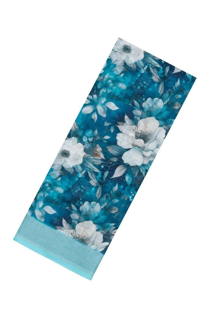 Cyan Printed Synthetic Linen Saree With Floral Motifs For Women - Indya