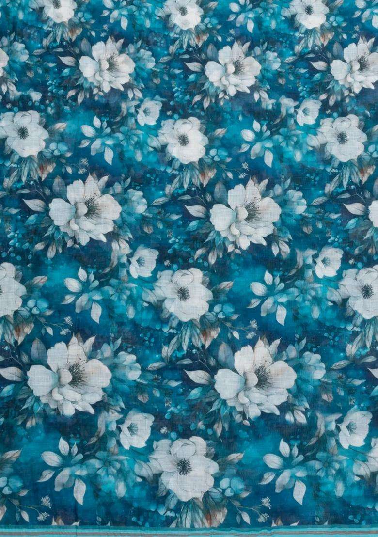 Cyan Printed Synthetic Linen Saree With Floral Motifs For Women - Indya