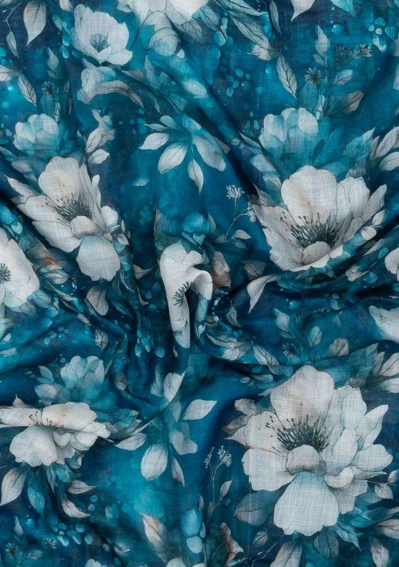Cyan Printed Synthetic Linen Saree With Floral Motifs For Women - Indya