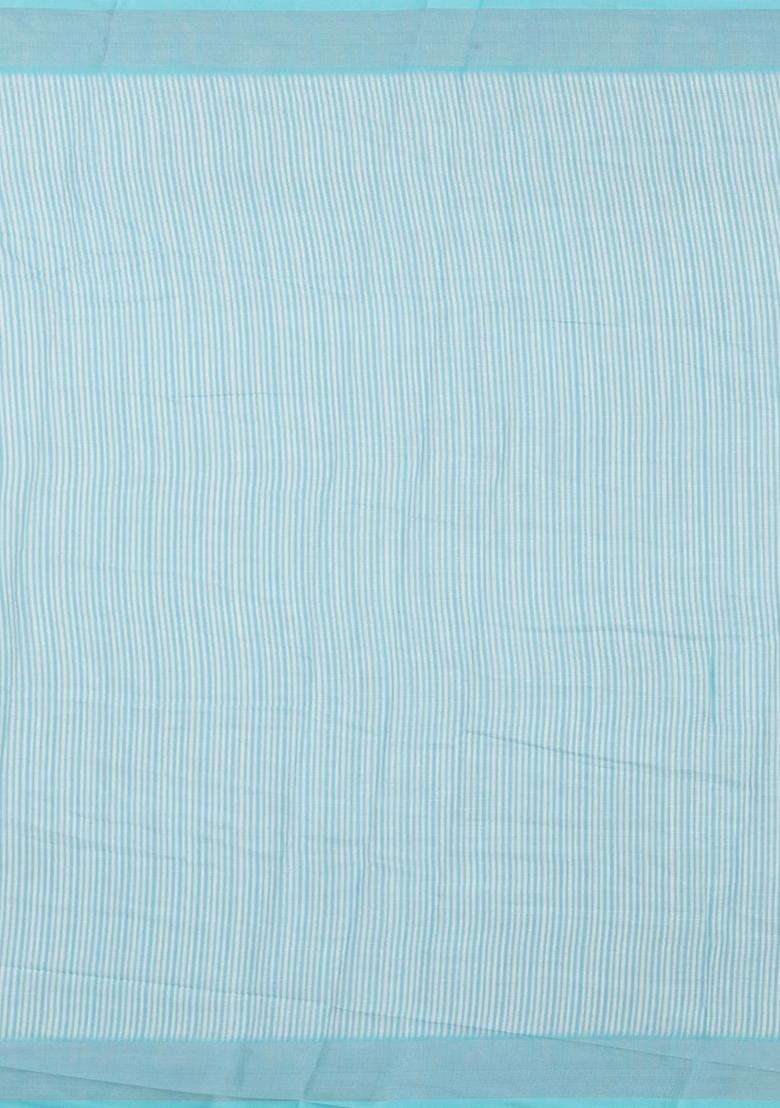 Cyan Printed Synthetic Linen Saree With Floral Motifs For Women - Indya