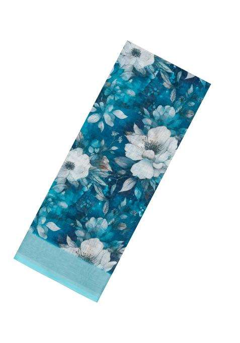 Cyan Printed Synthetic Linen Saree With Floral Motifs For Women