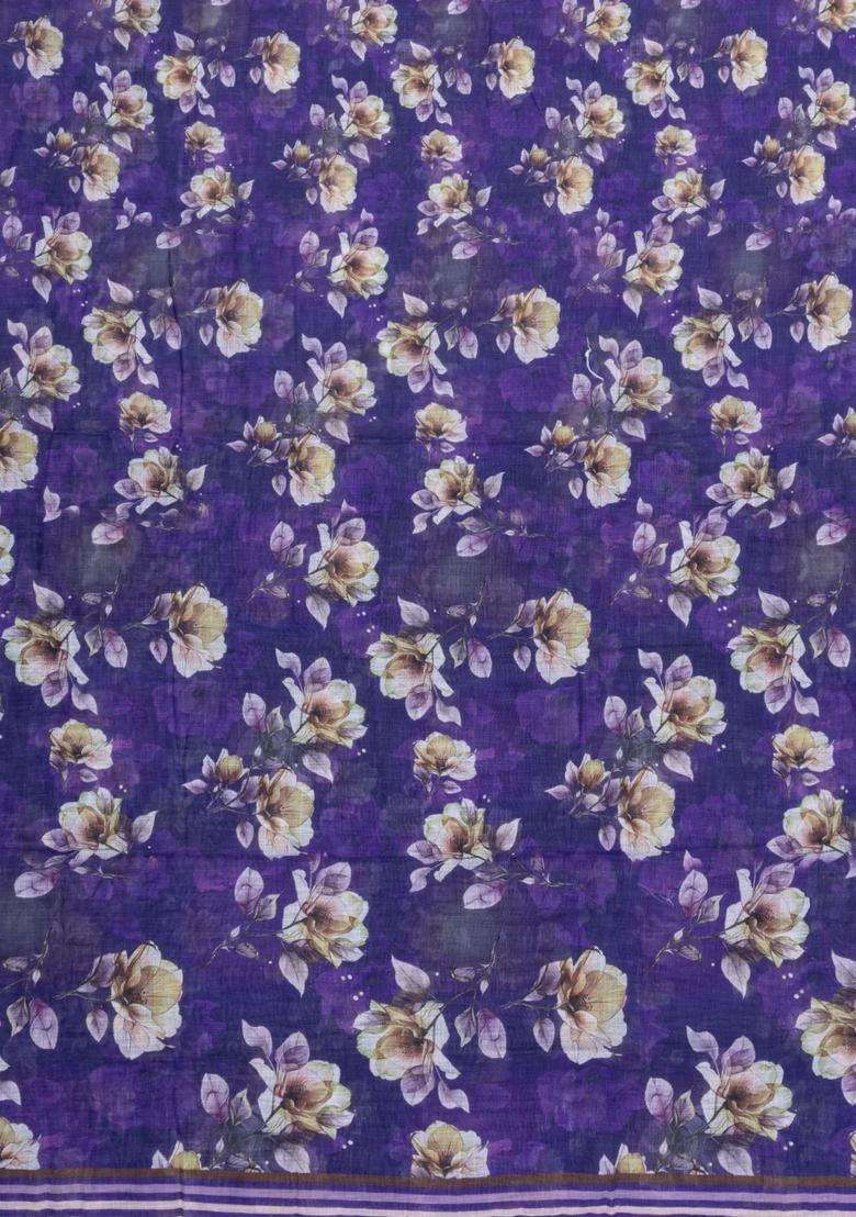 Violet Printed Synthetic Linen Saree With Floral Motifs For Women - Indya
