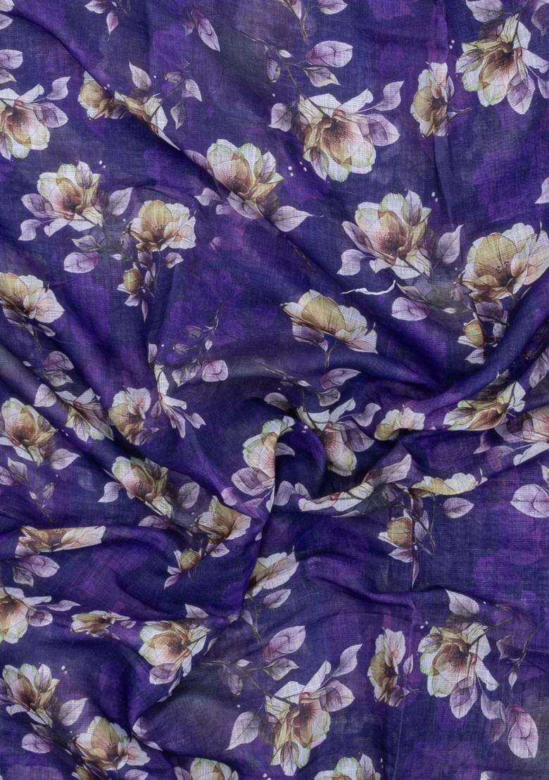 Violet Printed Synthetic Linen Saree With Floral Motifs For Women - Indya