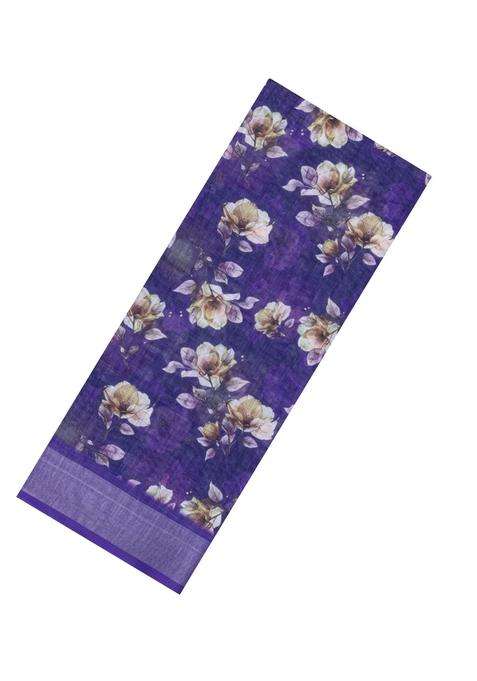 Violet Printed Synthetic Linen Saree With Floral Motifs For Women