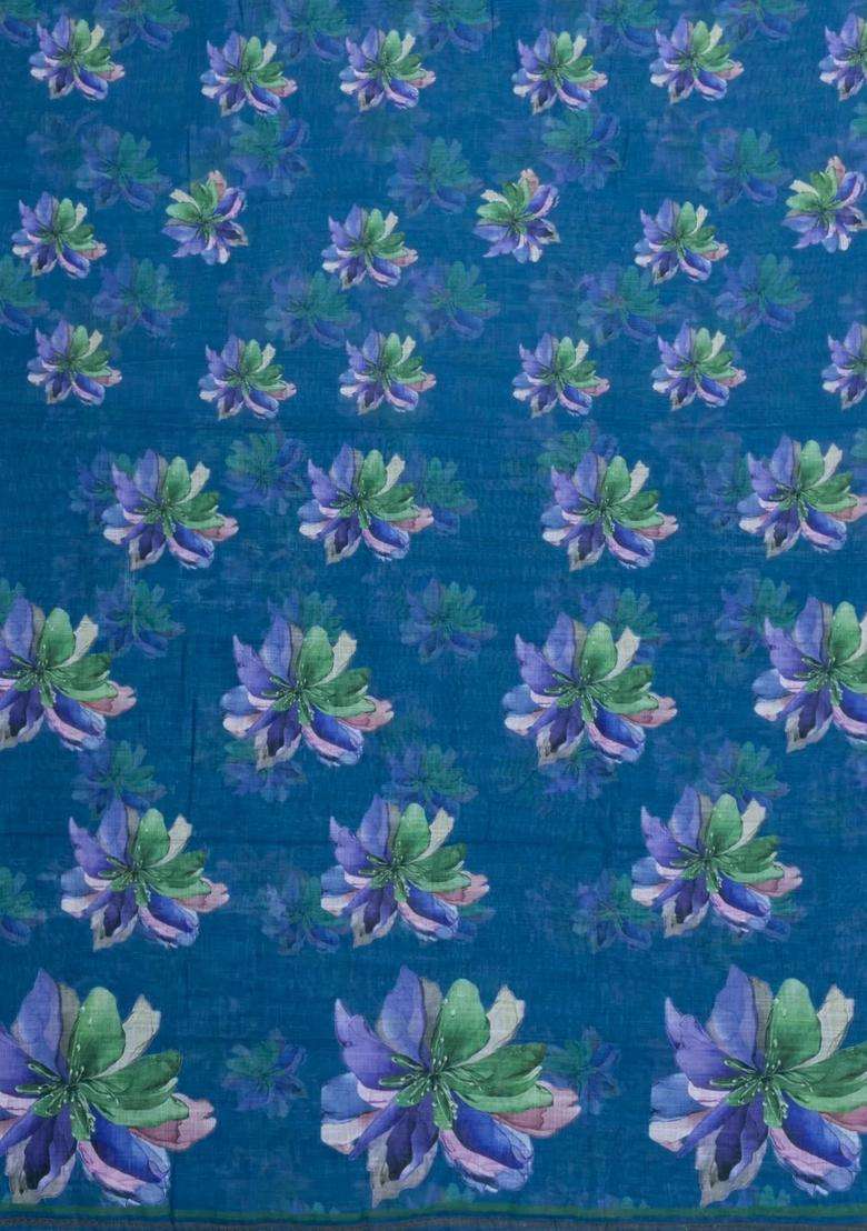 Indigo Printed Synthetic Linen Saree With Floral Motifs For Women - Indya