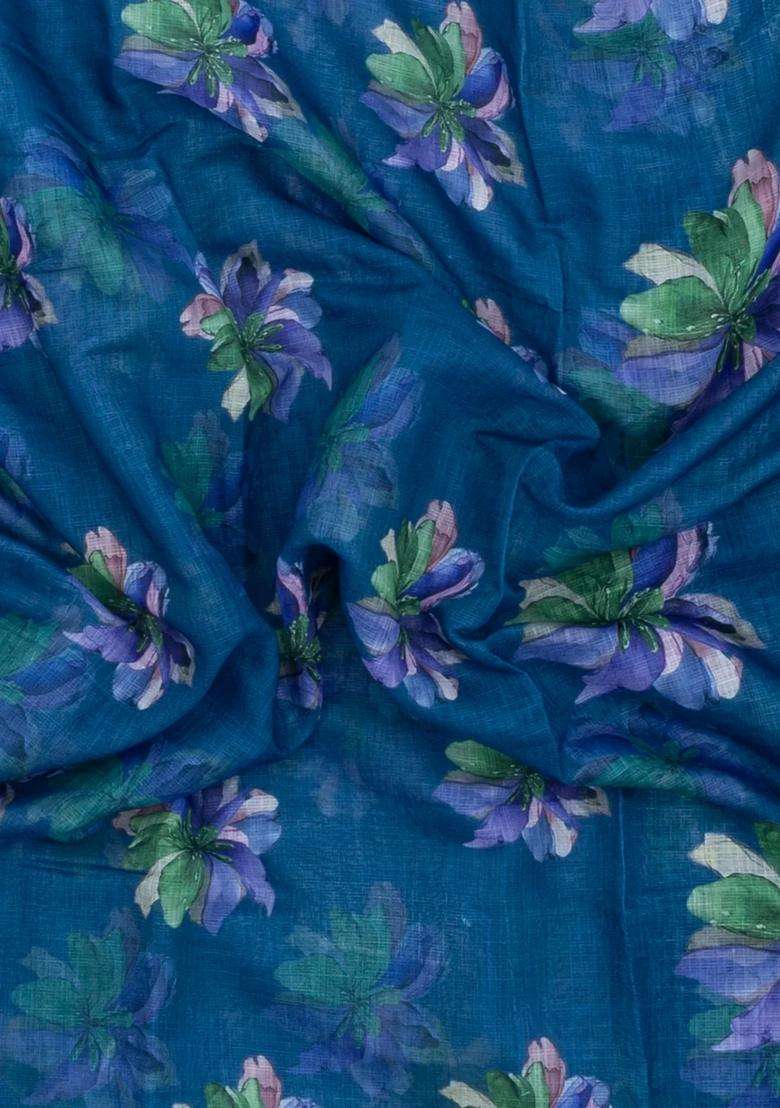 Indigo Printed Synthetic Linen Saree With Floral Motifs For Women - Indya