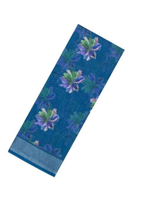 Indigo Printed Synthetic Linen Saree With Floral Motifs For Women