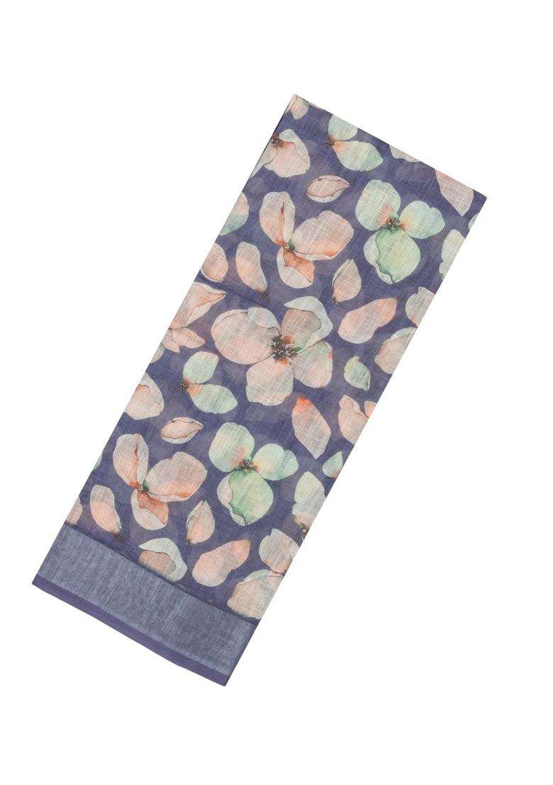 Grey Printed Synthetic Linen Saree With Floral Motifs For Women - Indya