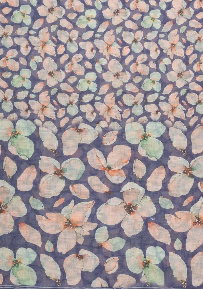 Grey Printed Synthetic Linen Saree With Floral Motifs For Women - Indya