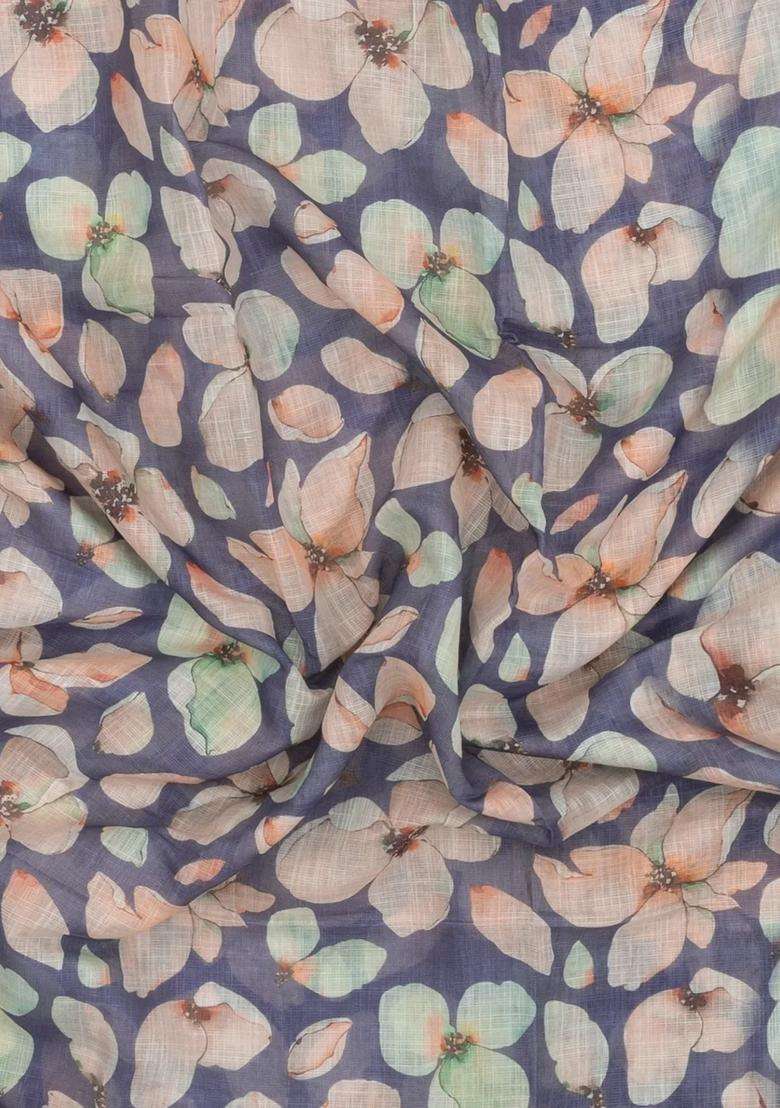 Grey Printed Synthetic Linen Saree With Floral Motifs For Women - Indya