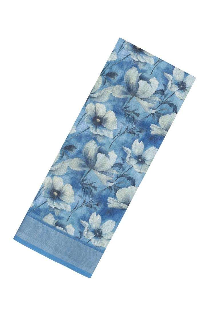 Sky Blue Printed Synthetic Linen Saree With Floral Motifs For Women - Indya