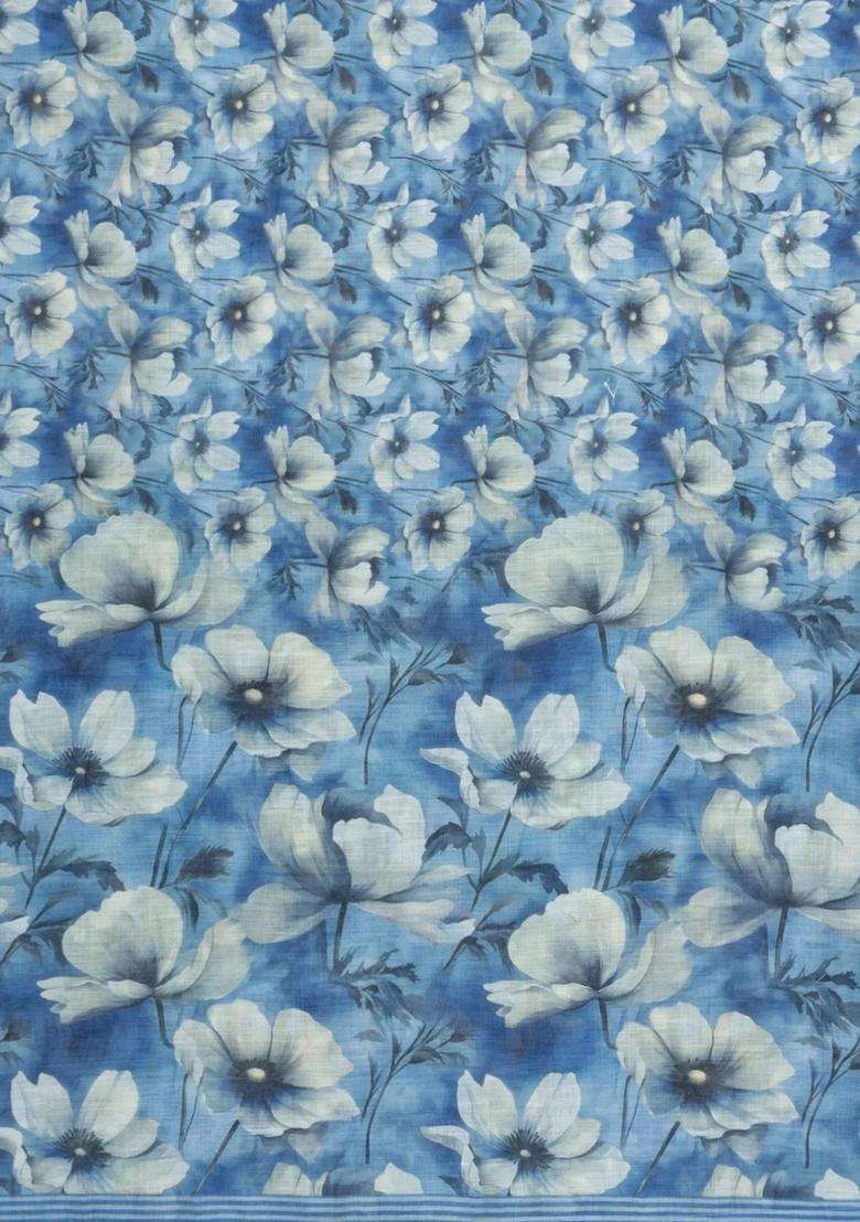 Sky Blue Printed Synthetic Linen Saree With Floral Motifs For Women - Indya