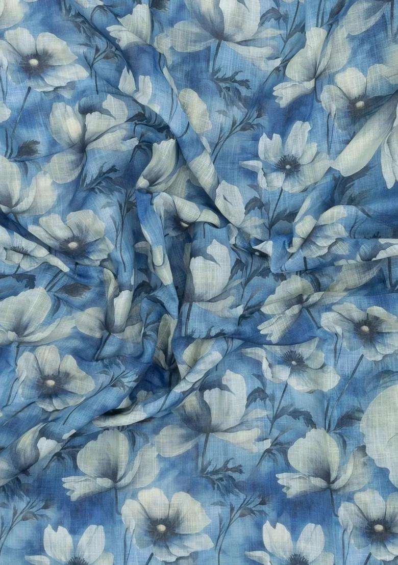 Sky Blue Printed Synthetic Linen Saree With Floral Motifs For Women - Indya