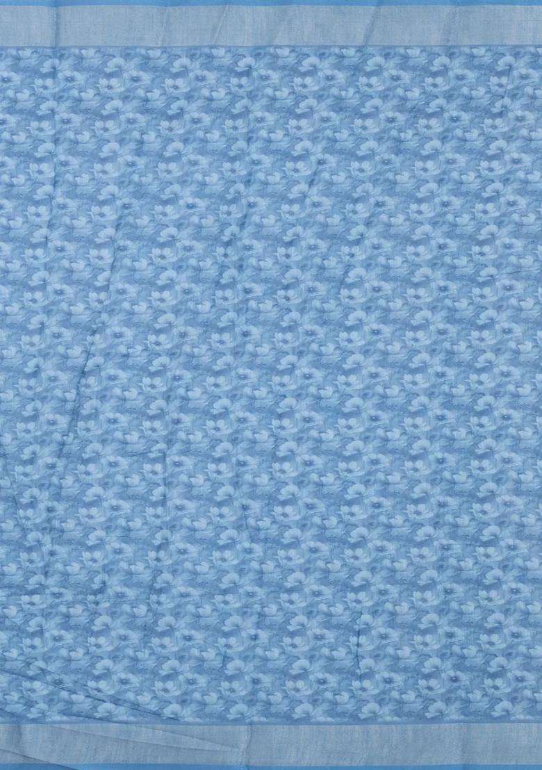 Sky Blue Printed Synthetic Linen Saree With Floral Motifs For Women - Indya