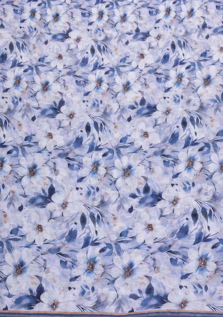 Lavander Lavender Printed Synthetic Linen Saree With Floral Motifs For Women - Indya
