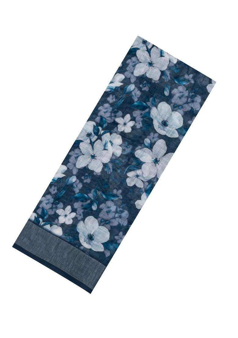Teal Printed Synthetic Linen Saree With Floral Motifs For Women - Indya