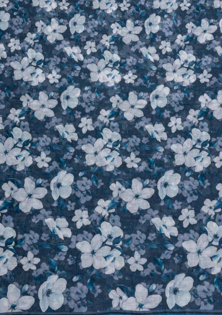 Teal Printed Synthetic Linen Saree With Floral Motifs For Women - Indya