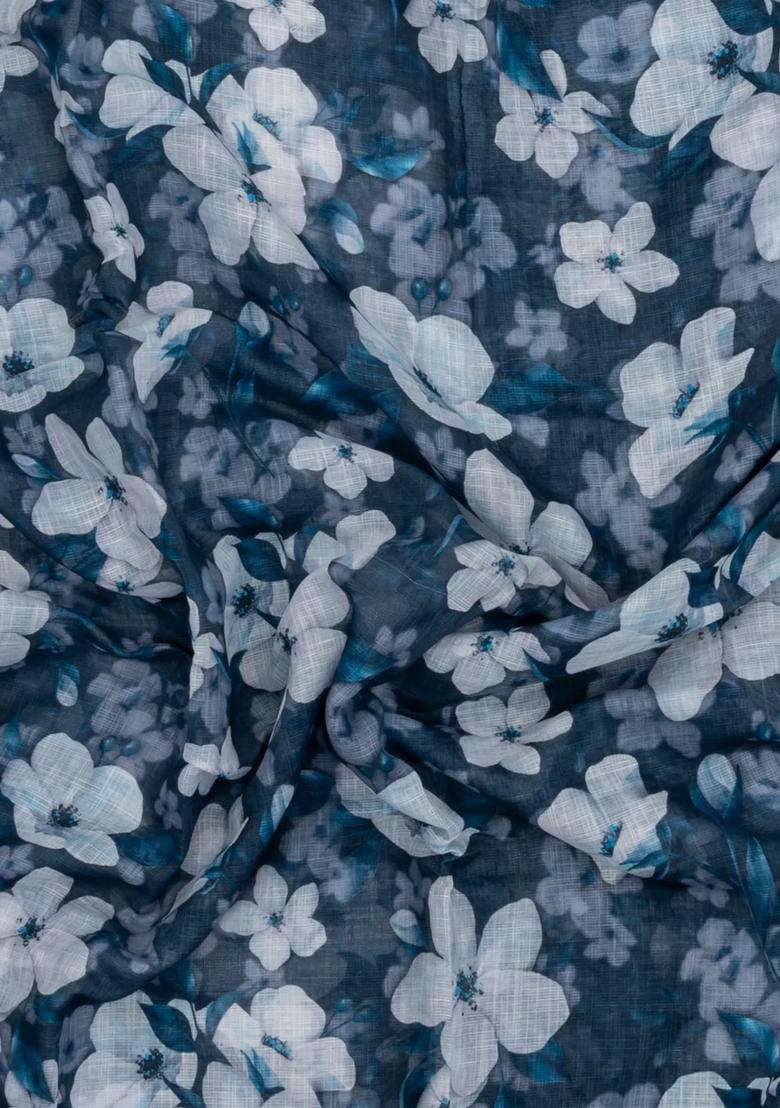 Teal Printed Synthetic Linen Saree With Floral Motifs For Women - Indya