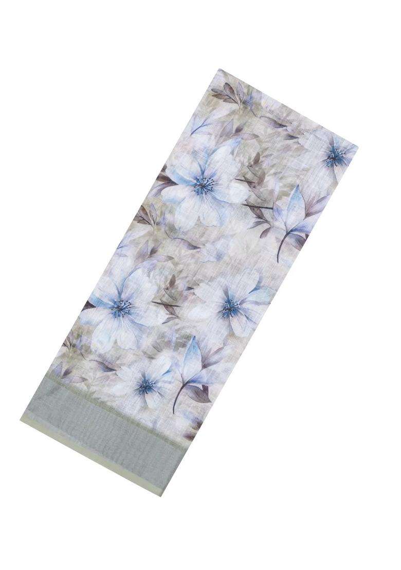 Cream Printed Synthetic Linen Saree With Floral Motifs For Women - Indya