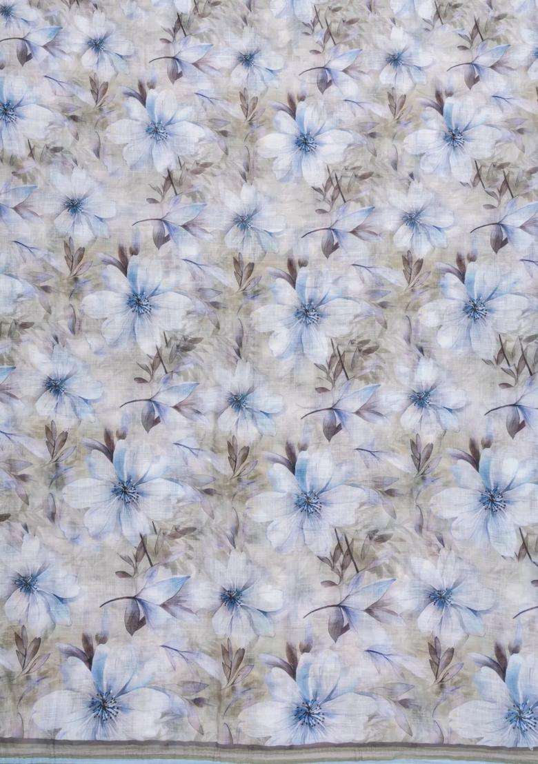 Cream Printed Synthetic Linen Saree With Floral Motifs For Women - Indya