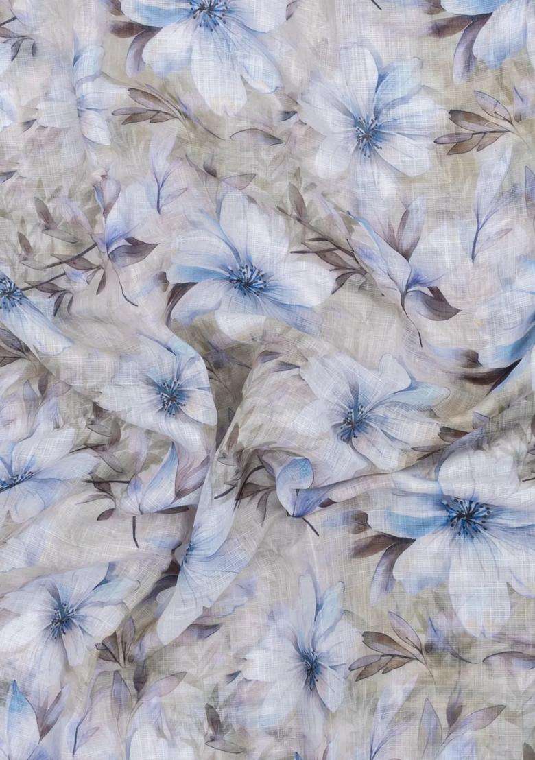 Cream Printed Synthetic Linen Saree With Floral Motifs For Women - Indya