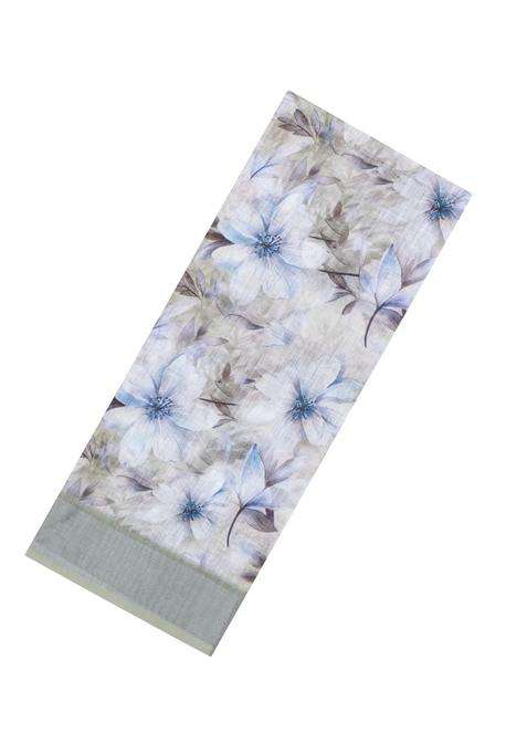 Cream Printed Synthetic Linen Saree With Floral Motifs For Women