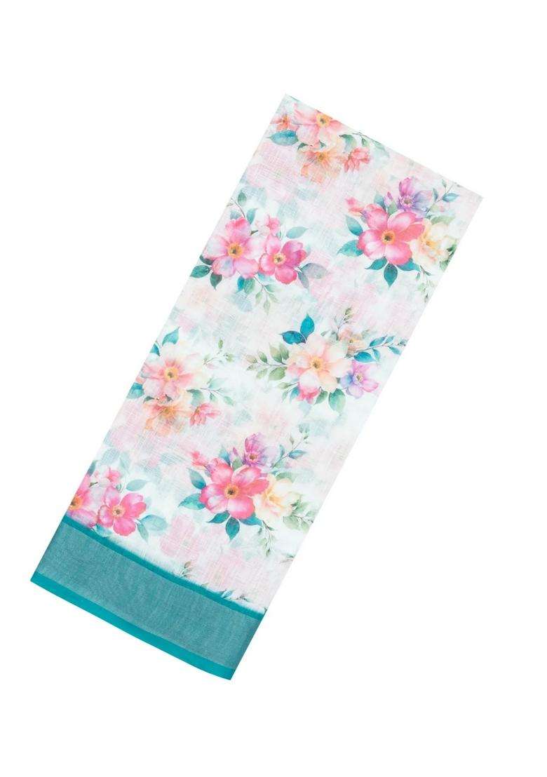 White Printed Synthetic Linen Saree With Floral Motifs For Women - Indya