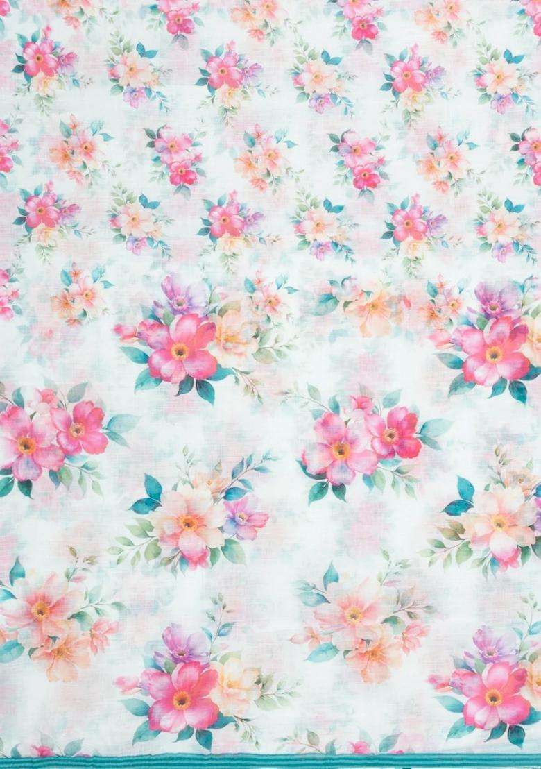 White Printed Synthetic Linen Saree With Floral Motifs For Women - Indya