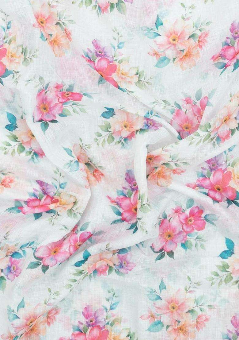 White Printed Synthetic Linen Saree With Floral Motifs For Women - Indya