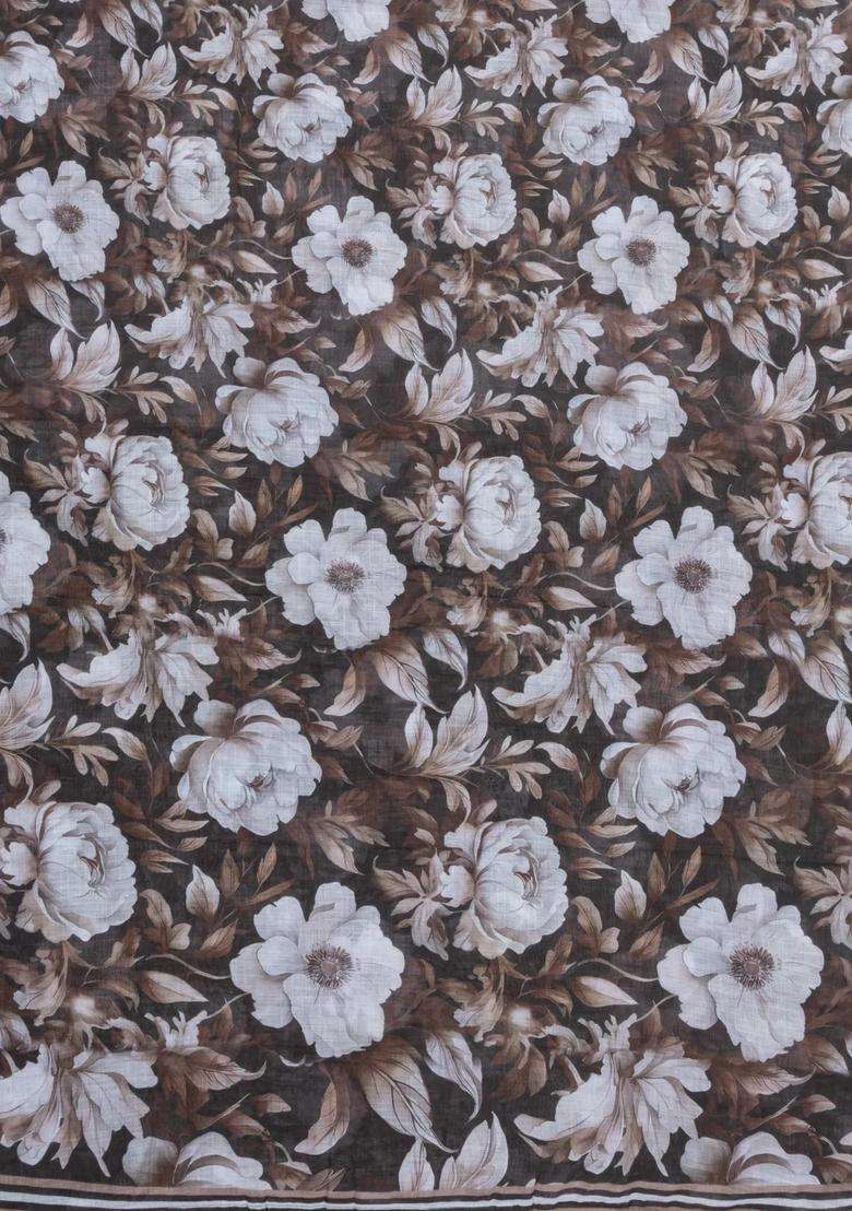 Dark Brown Printed Synthetic Linen Saree With Floral Motifs For Women - Indya
