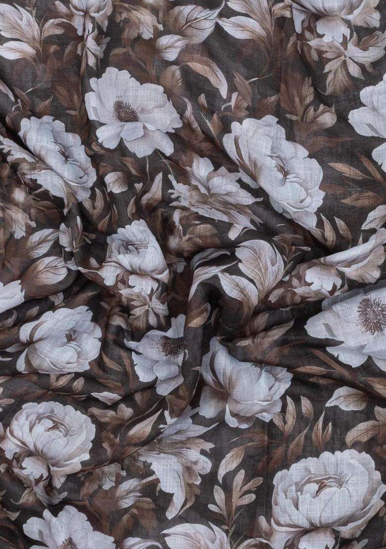 Dark Brown Printed Synthetic Linen Saree With Floral Motifs For Women - Indya
