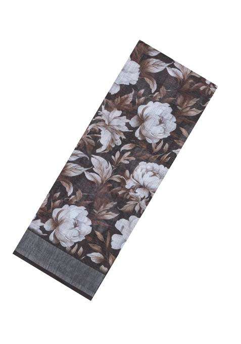 Dark Brown Printed Synthetic Linen Saree With Floral Motifs For Women