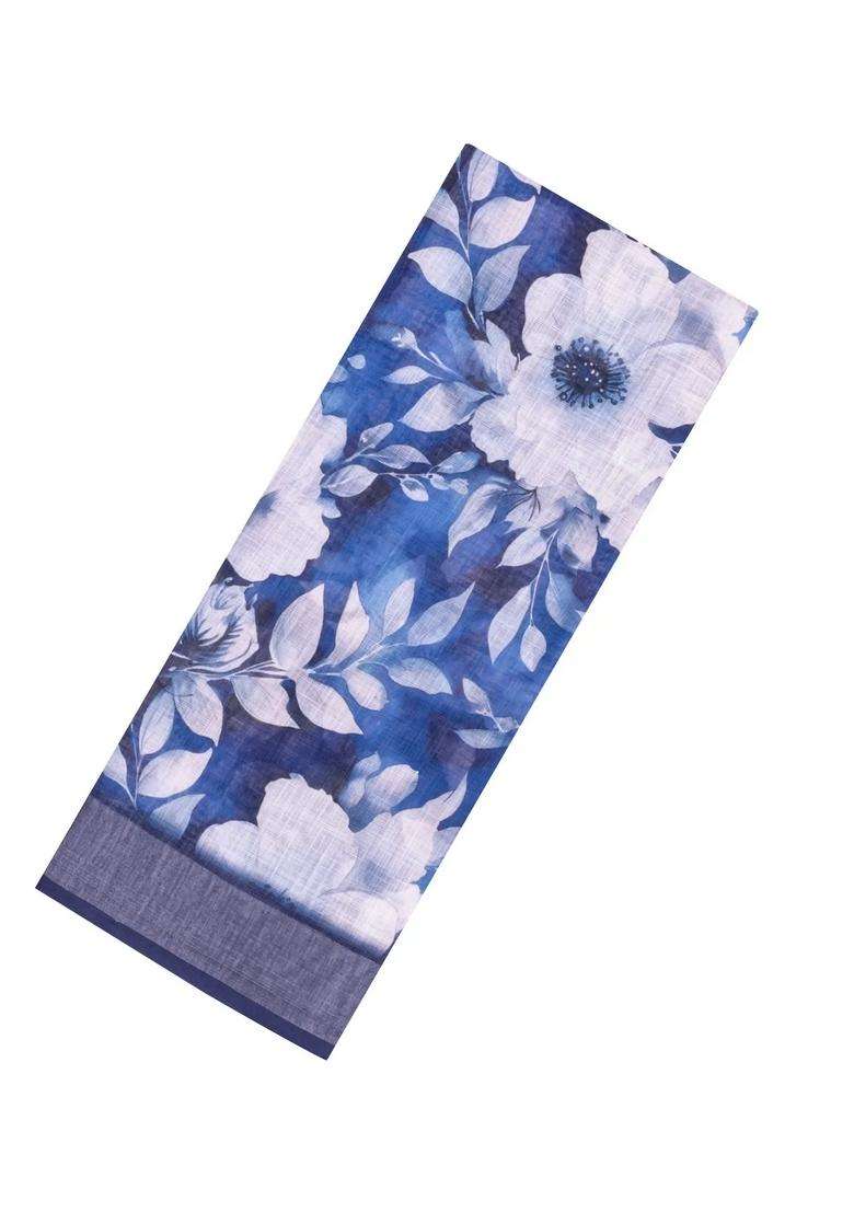 Dark Blue Printed Synthetic Linen Saree With Floral Motifs For Women - Indya