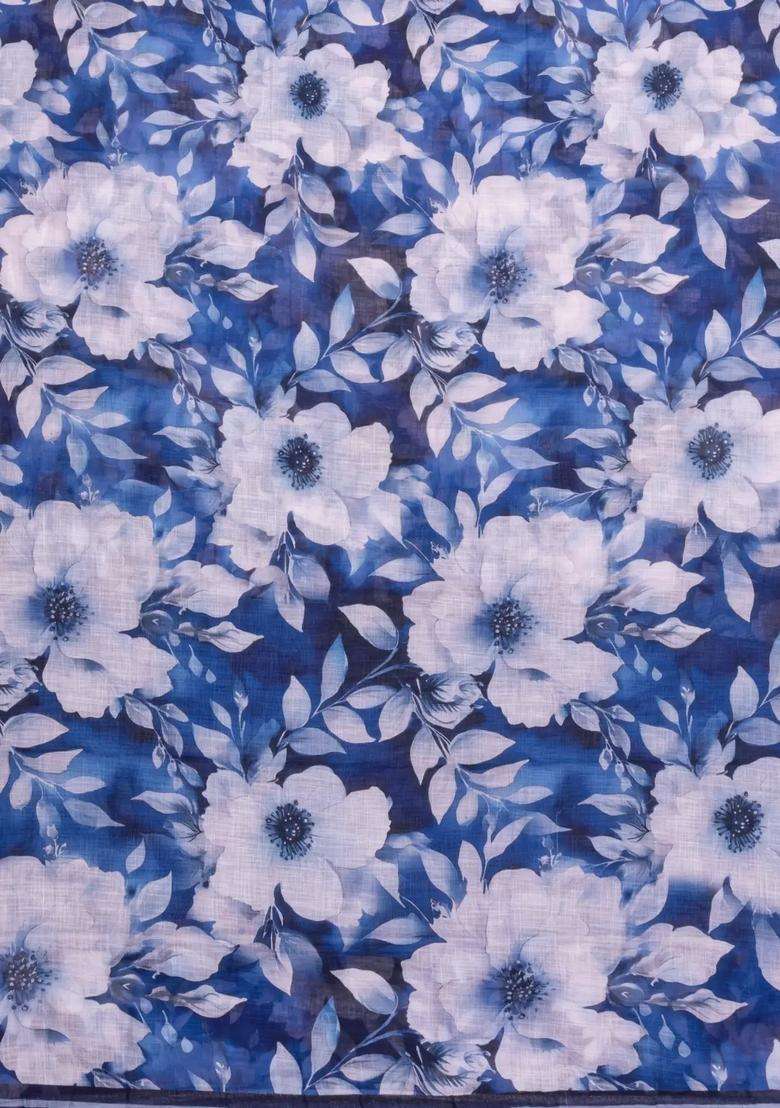 Dark Blue Printed Synthetic Linen Saree With Floral Motifs For Women - Indya