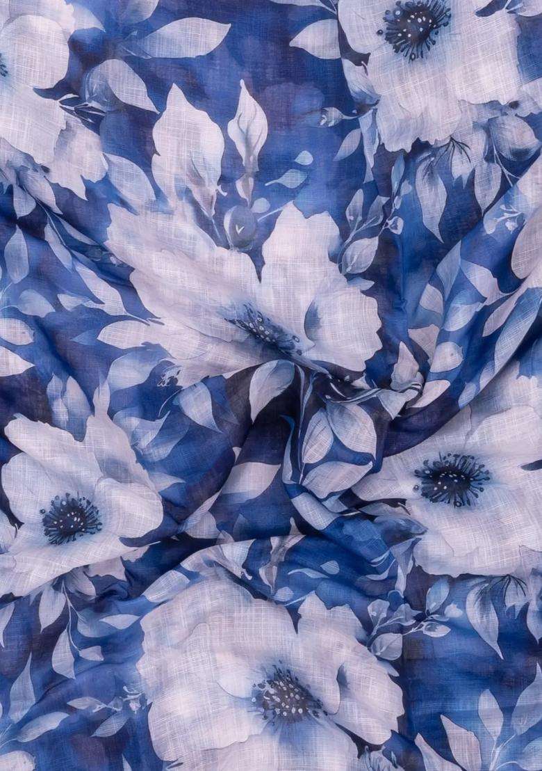 Dark Blue Printed Synthetic Linen Saree With Floral Motifs For Women - Indya