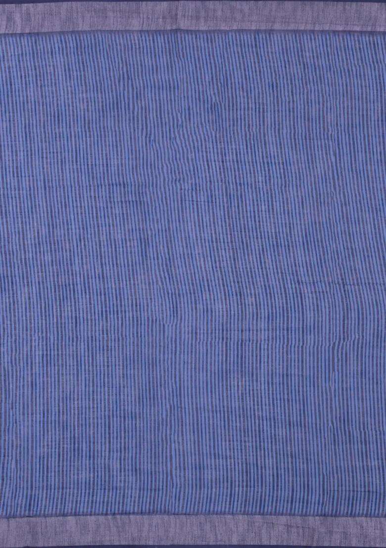 Dark Blue Printed Synthetic Linen Saree With Floral Motifs For Women - Indya