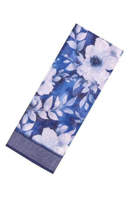 Dark Blue Printed Synthetic Linen Saree With Floral Motifs For Women