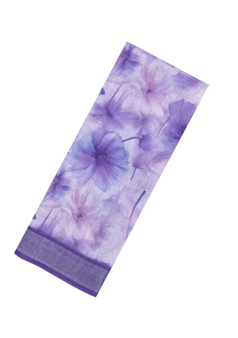 Lavander Lavender Printed Synthetic Linen Saree With Floral Motifs For Women - Indya