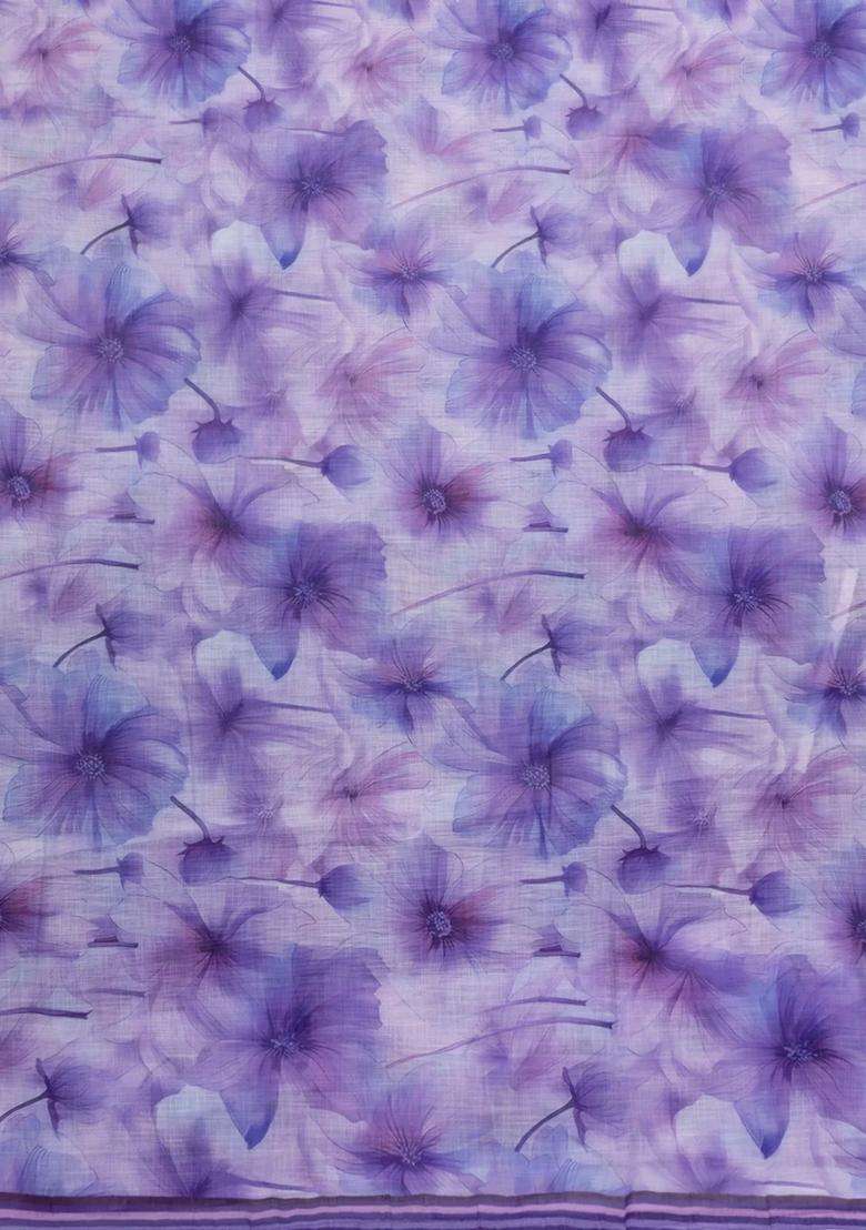 Lavander Lavender Printed Synthetic Linen Saree With Floral Motifs For Women - Indya