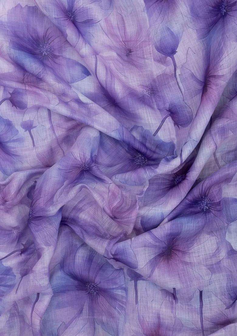 Lavander Lavender Printed Synthetic Linen Saree With Floral Motifs For Women - Indya