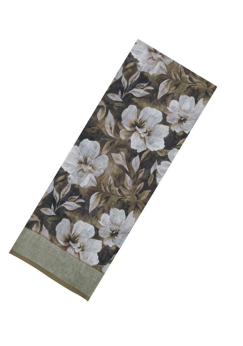Dark Grey Printed Synthetic Linen Saree With Floral Motifs For Women - Indya