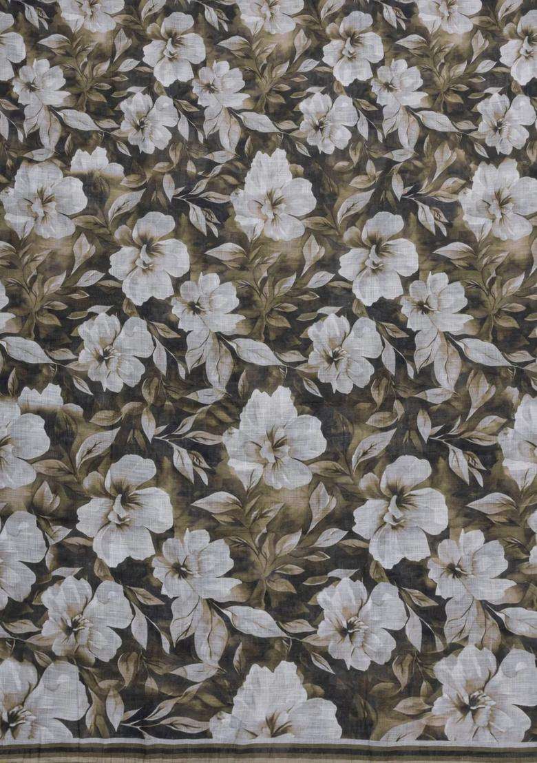 Dark Grey Printed Synthetic Linen Saree With Floral Motifs For Women - Indya